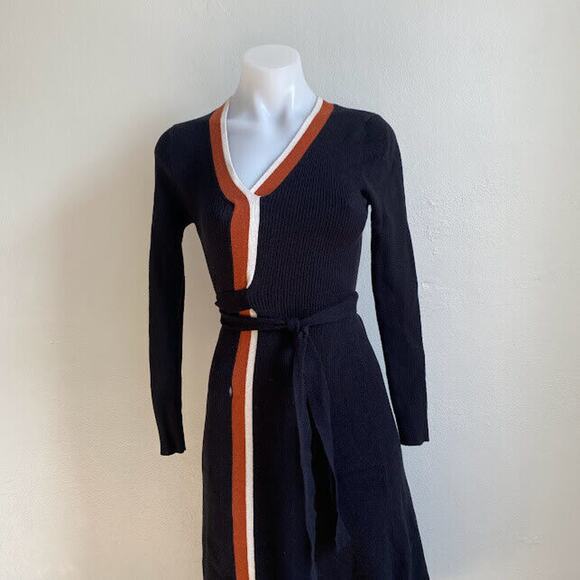Caara Size Small Cedar Midi Dress Knit A Line Black Orange White Striped Belted - Picture 4 of 12